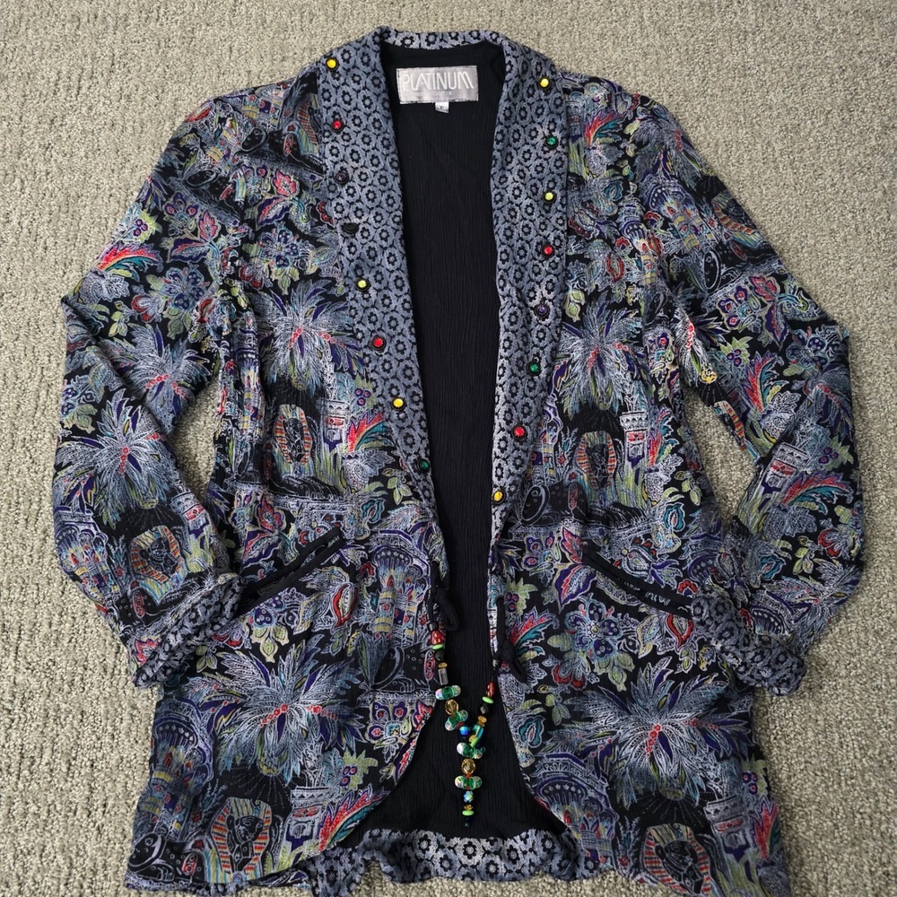 Vintage‎ Platinum Embellished Floral Open Front Jacket Cardigan Petite